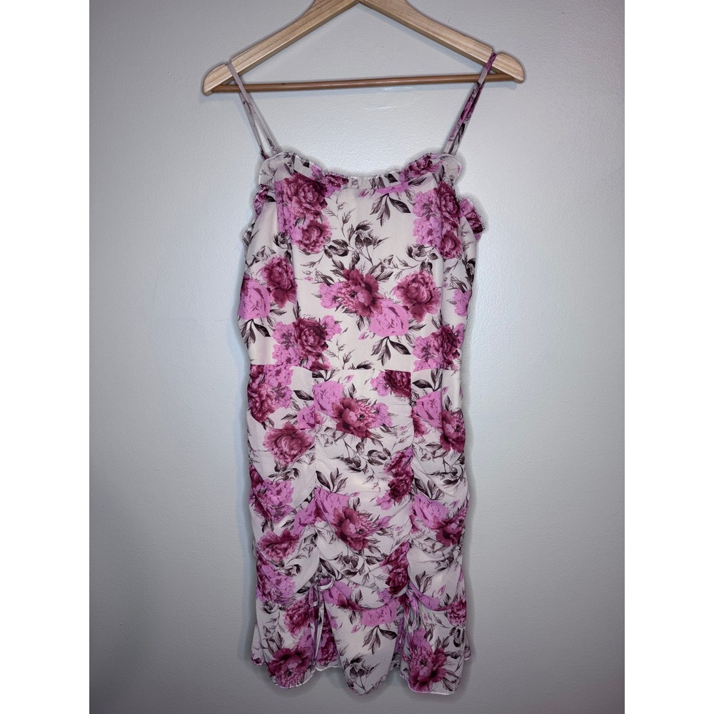 Floral Ruched Mini Dress‎ Pink Spaghetti Strap Bodycon Size M
